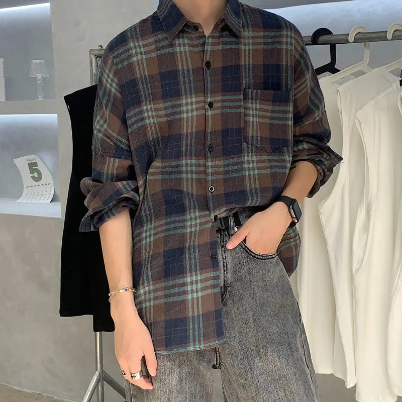 

2020 Spring And Autumn New Youth Popular Couple Models Hit Color Retro Plaid Long-sleeved Shirt Fashion Casual Shirt Yellow/blue