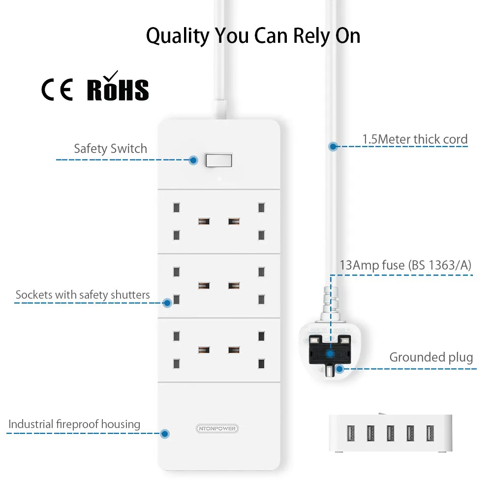 Фото NTON POWER 1700 Joules Защита от перенапряжения 6 банд удлинитель 5 usb-розеток силовая полоса 13 Ампер британская вилка для настольной бытовой техники №2