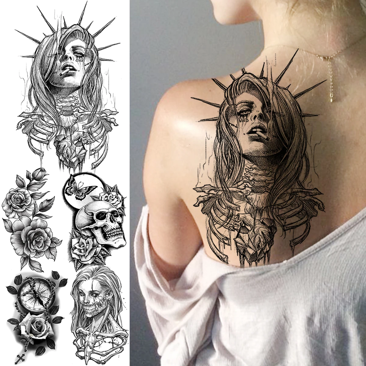 Реалистичный черный на Хэллоуин наволочки со скелетом и временные татуировки