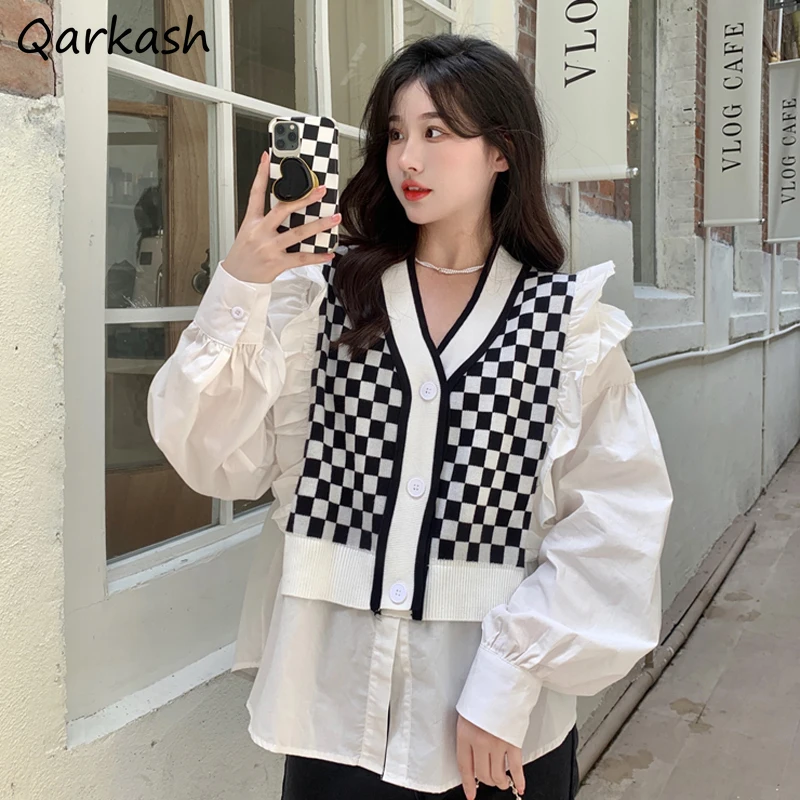 

Shirts Women Fake 2 Pieces Design V-neck All-match Preppy Spring Stylish Vintage Prevalent Aesthetic Tender Basic Daily Ulzzang