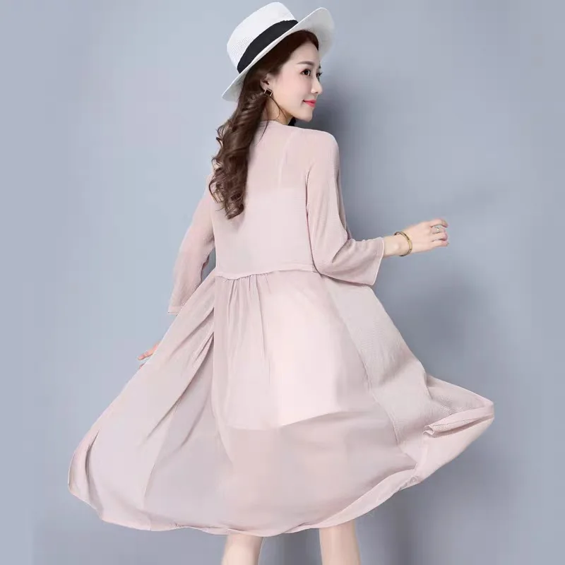 

new summer 2021 V-neck thin Chiffon knitted stitched cardigan women's medium length solid color sunscreen coat