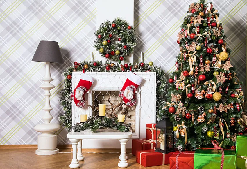 Фон для фотосъемки Рождество Зима Рождественская елка камин Подарок Мигающие