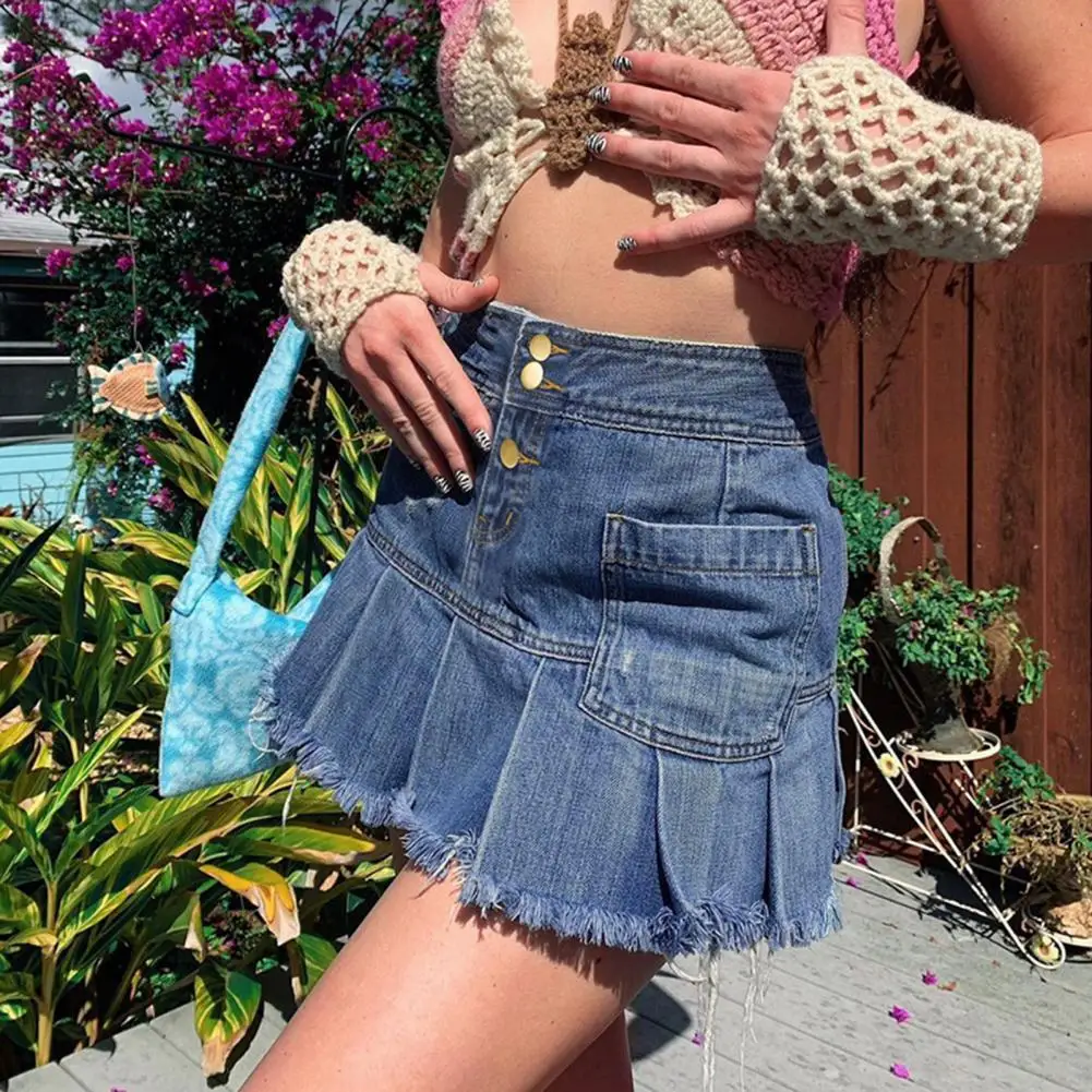 

Hot girl ruffled pleated stretch denim skirt woman new fashion summer vintage sexy high waist slim short mini skirts 2021 new