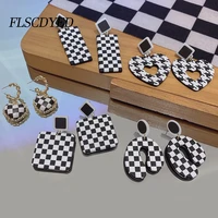 flscdyed black and white checkerboard fashion heart shape drop earrings for women 2021 trend girls ear jewelry party accessory