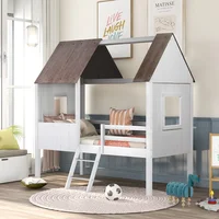 Twin Size Low Loft Wood House Bed With Two Side Windows, For Kids, Teens, Girls, Boys, Antique Gray
