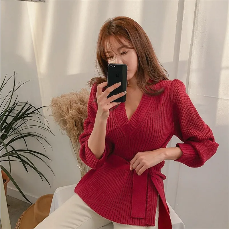 2019 autumn winter women's sweater v neck long sleeve lace up knitted tops korea P347 | Женская одежда