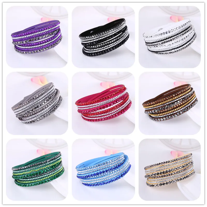 4 ряда Стразы выложенный кожаный браслет с кристаллами широкая оболочка