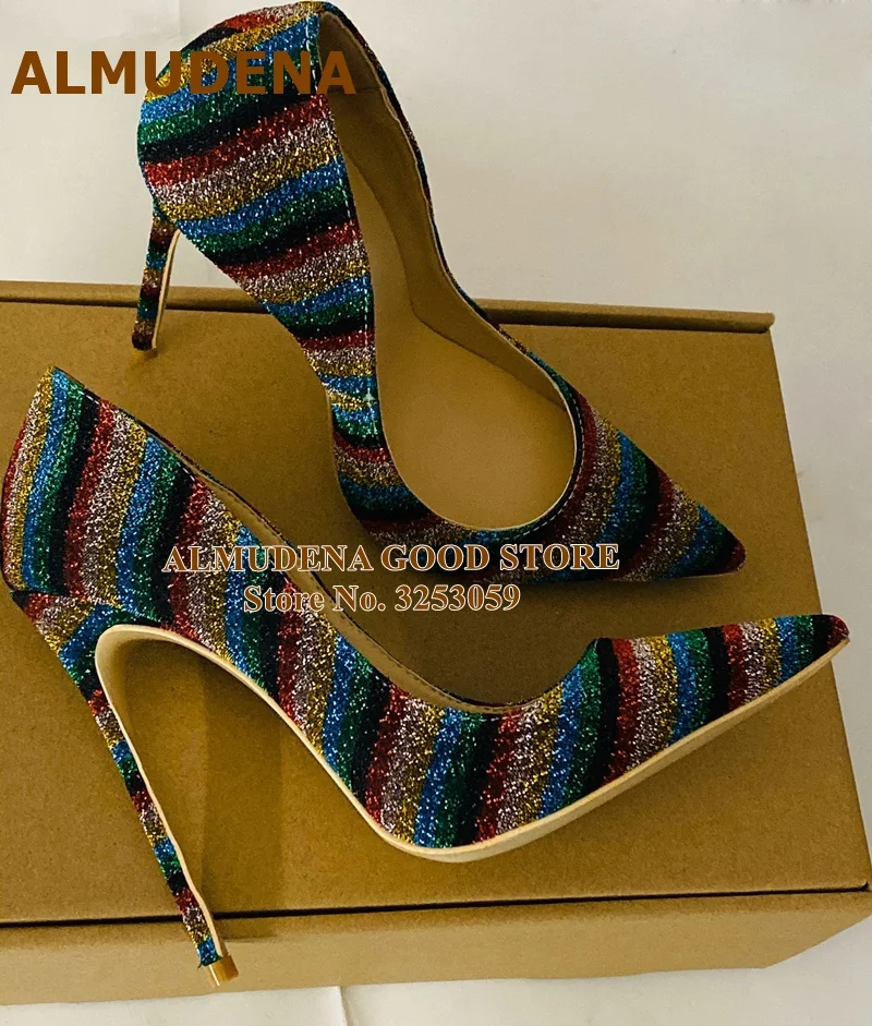 ALMUDENA Multi-Color Sequined High Heel Pumps Colorful Rainbow Stripe Bling Bling Dress Shoes Stiletto Heels Bling Bling Pumps