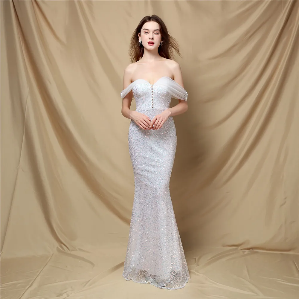 

Classic Off The Shoulder Mermaid Formal Dress Women's Elegant Sequined Temperament Backless Dance Queen Prom Evening Party Dress