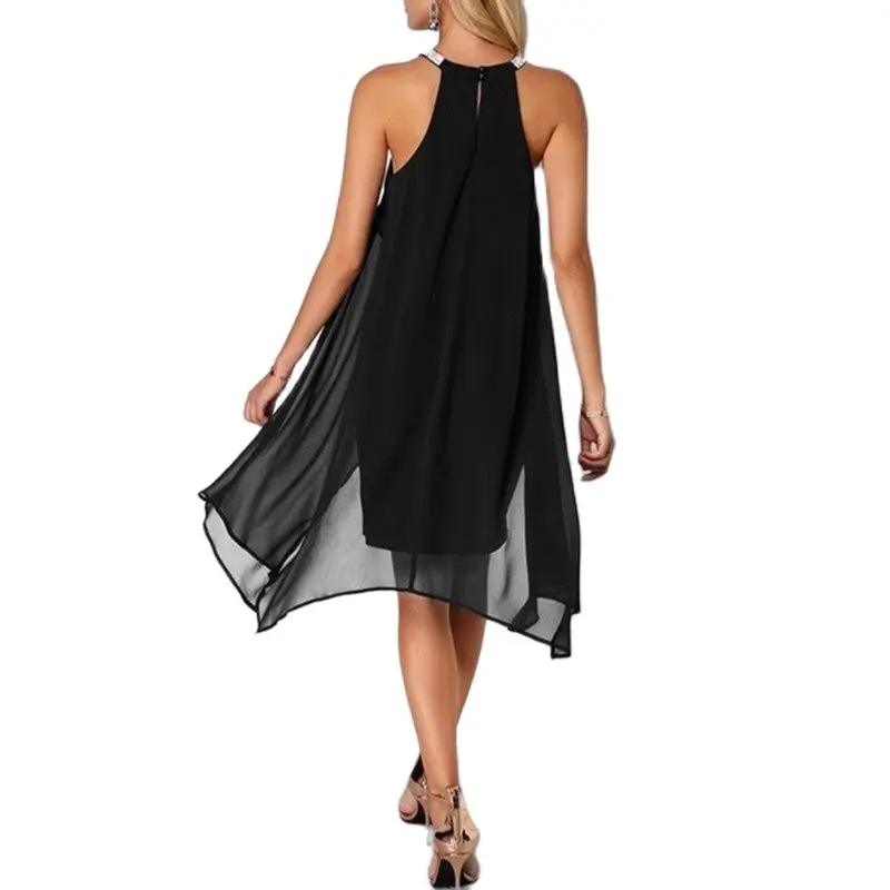 

2021 Summer New Fashion O-shaped Sleeveless Hem Double-layer Knee-length Chiffon Sexy Hollow Casual Loose Solid Color Dress