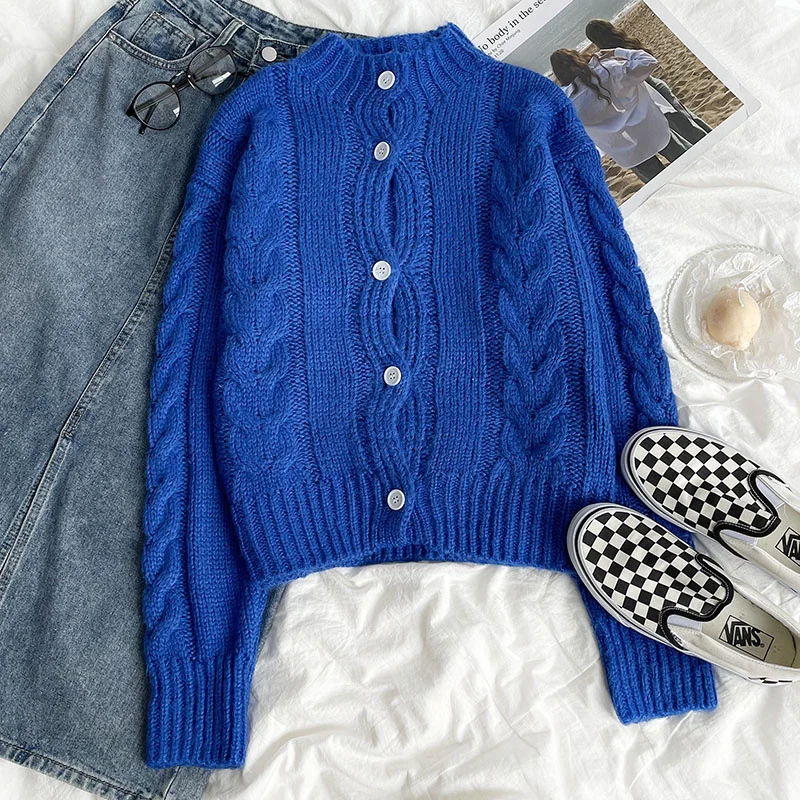

Fashion Tops Cardigan White Klein Blue Twist Lazy Wind Autumn And Winter Small Loose Versatile Knitted Sweater Cardigan