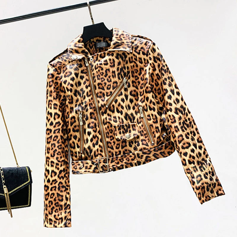 2019 Женская леопардовая мотоциклетная искусственная кожаная куртка с застежками