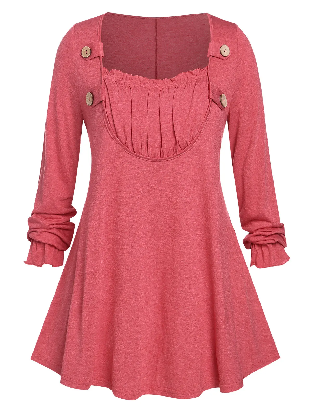 

Plus Size Ruched Detail Frilled Buttoned Long Sleeve Tunic Top