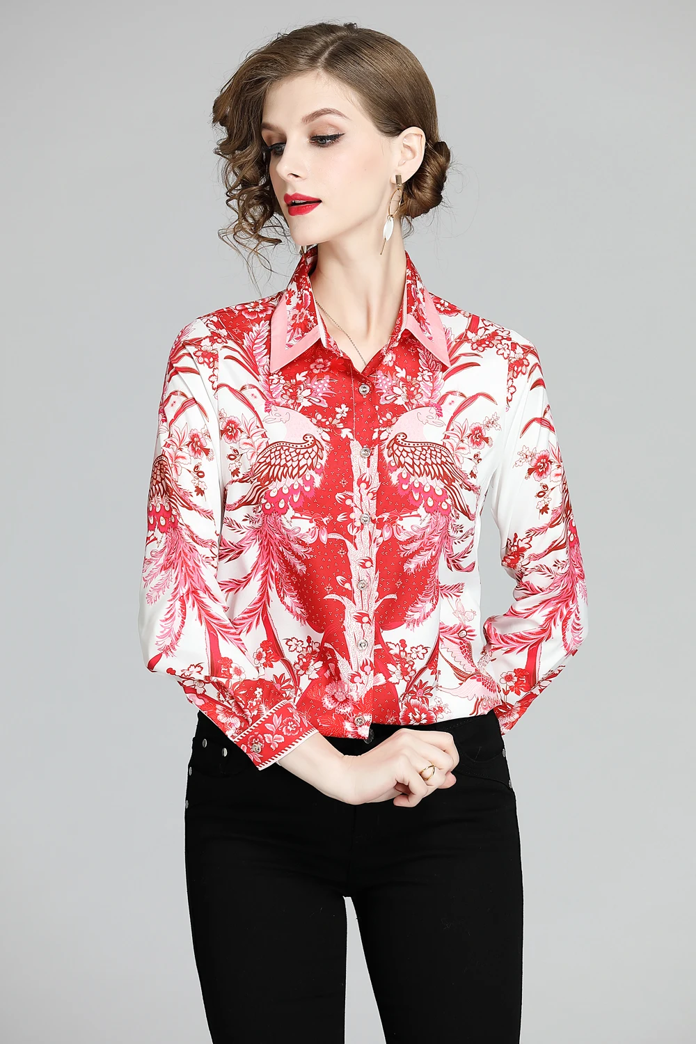 Женская модельная винтажная рубашка повседневная блузка с цветочным принтом на