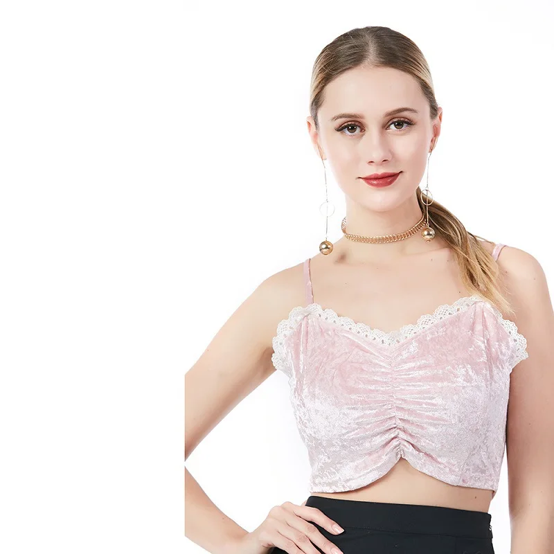 

Temperament of the new women's wear pink diamond velvet lace v-neck midriff condole belt unlined upper garment