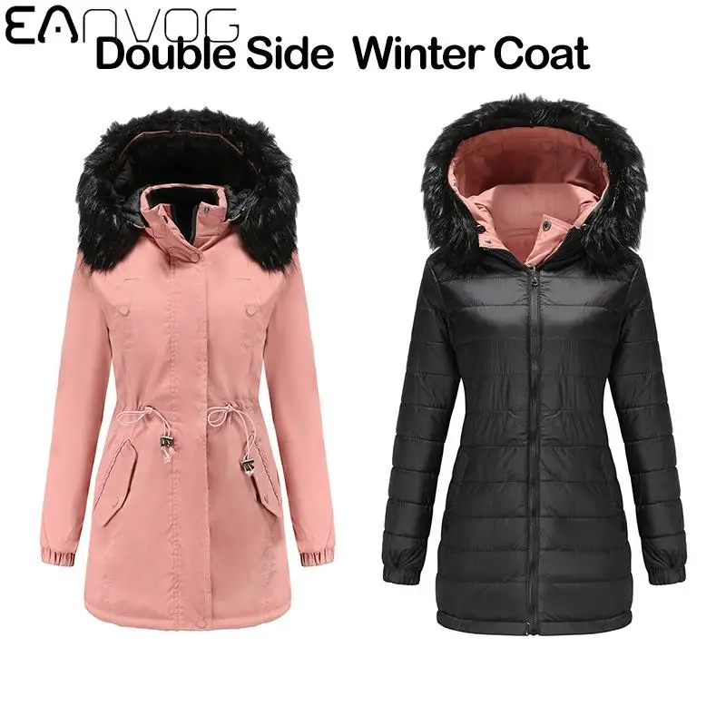 

Fashion Double-sided Cotton-padded Coat Overcomes Women Winter Coat Ladies Zipper Pocket Thick Coat With hood Oversize For Women