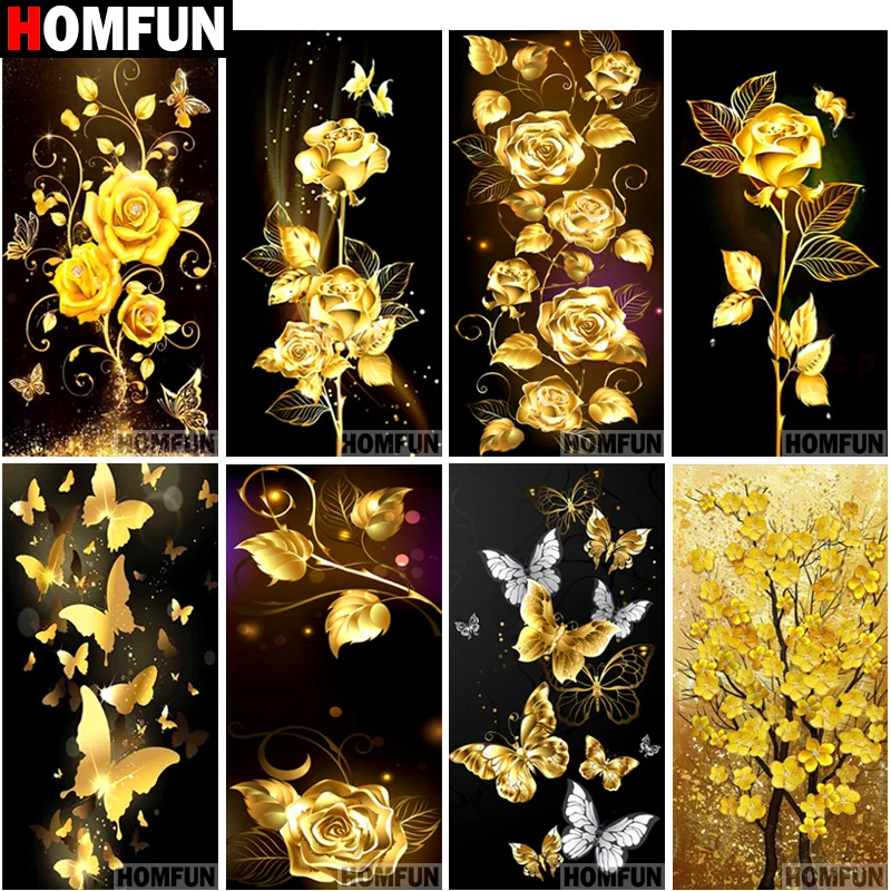 Алмазная 5D картина HOMFUN Золотой цветок бабочка полноразмерная вышивка крестиком