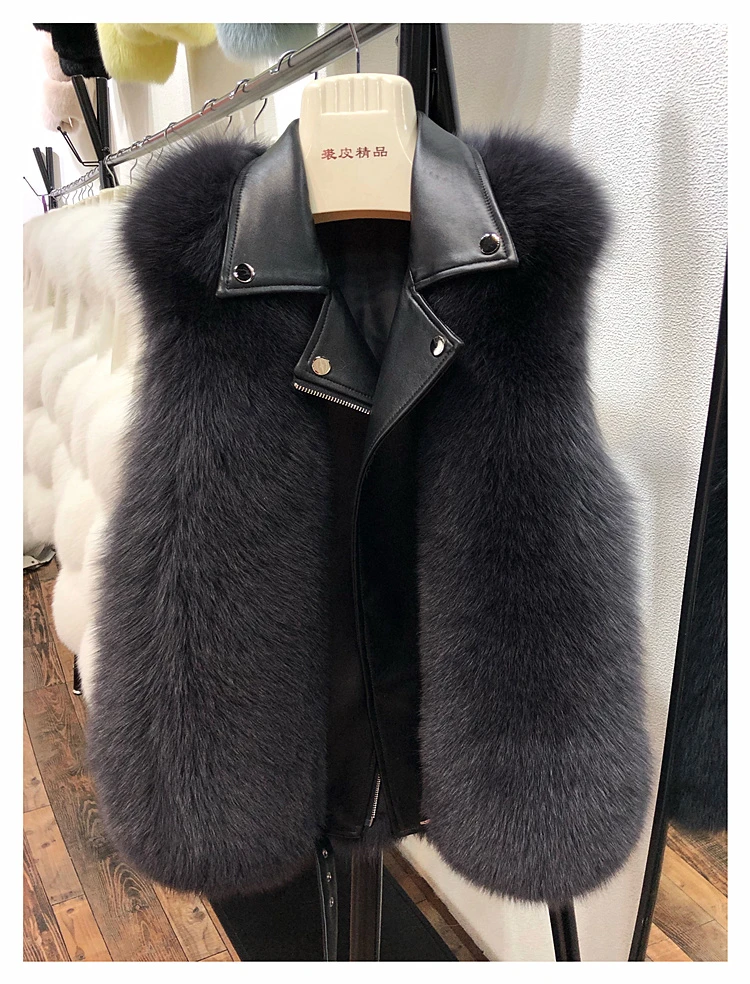 

2020 New Women Fashion Fox Fur Vest Genuine Sheepskin Coats Real Fur Waistcoat Turn-down Collar Winter Clothing Warm Fur Gilets