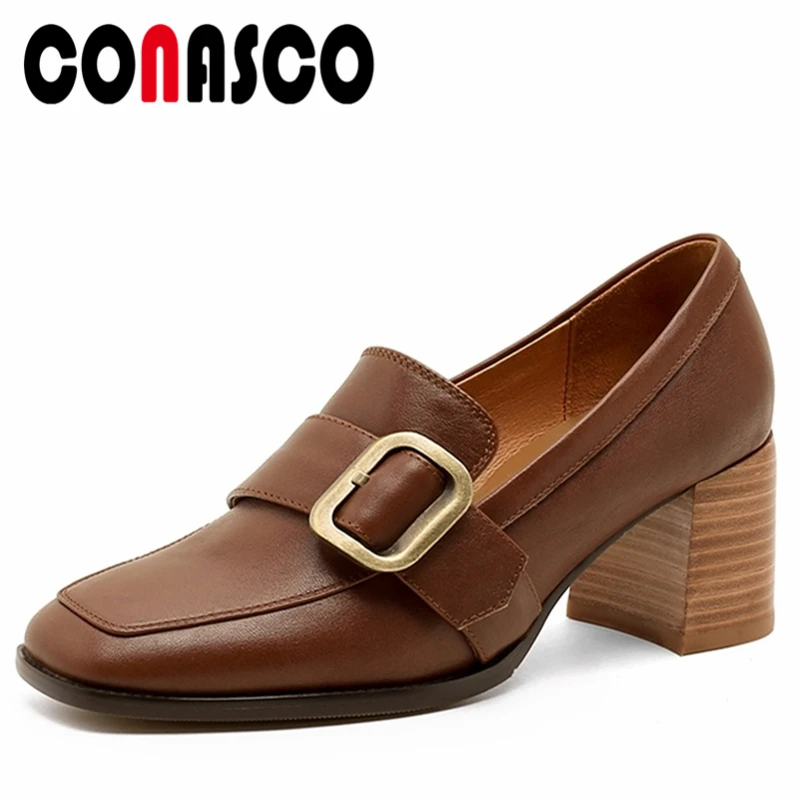 

CONASCO Новинка; Сезон осень; Женские туфли-лодочки с металлической пряжкой, высокое качество, натуральная кожа, толстый каблук, обувь для делов...