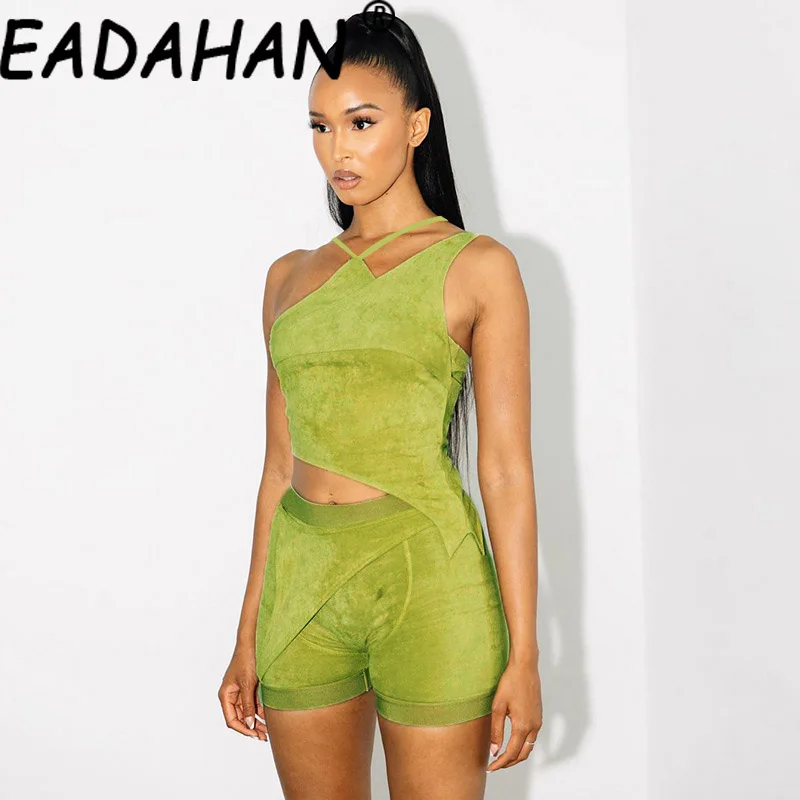 

EADAHAN Velour Asymmetry Two Piece Set Women Avocado Halter Crop Top+Crease Shorts Matching Outfit Female Workout Atirewear