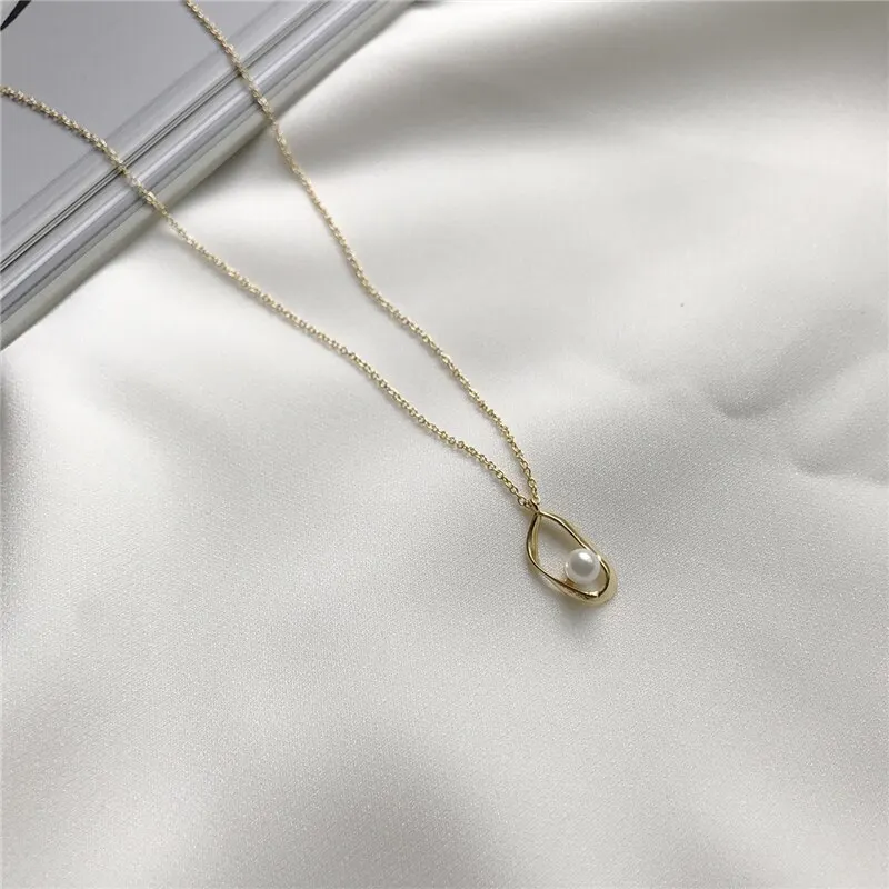 

A00804 Real 925 Sterling Silver Geometric Hollow Freshwater Pearl Chain Short Choker Necklace for Women Chic Jewelry