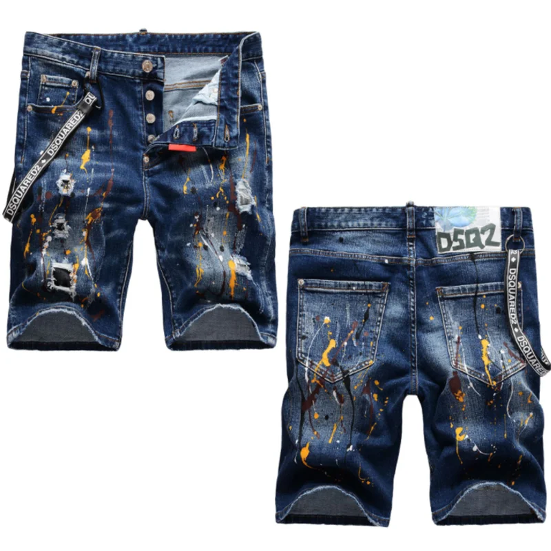 

summer Style dsq brand Italy jeans men Shorts jeans Men denim trousers straight paint Slim blue hole Shorts jeans for men