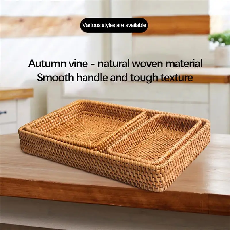 

Rattan Woven Tray Hand-Woven Basket Fruit Food Snack Rattan Storage Tray Living Room Bedroom Home Office Decor Storage Basket
