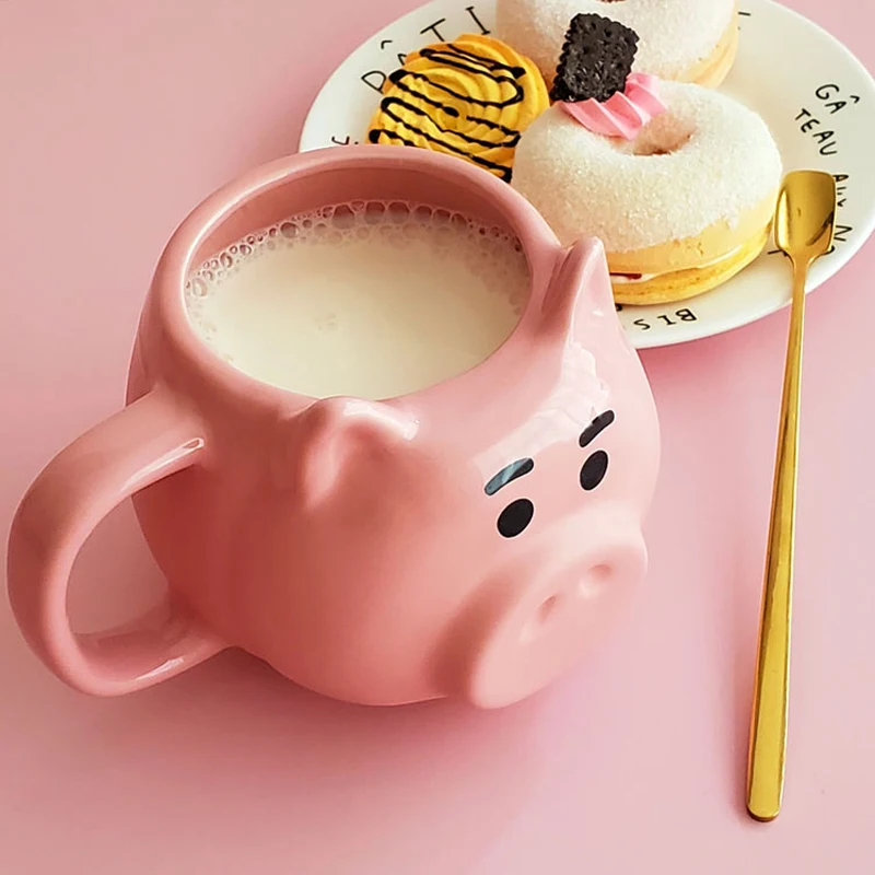 

Creativity Pink Pig Shape Coffee Mug Large Capacity Breakfast Milk Tea Oatmeal Cups With Handle Spoon Insulated Drinkware