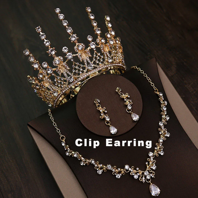 Gold Crown Set Clip Свадебные комплекты ювелирных изделий барокко круглый набор с тиарой полный круг Корона Ожерелье Серьги Королева Принцесса пышный день рождения корона ребенок - Окраска металла: Gold Crown Set Clip