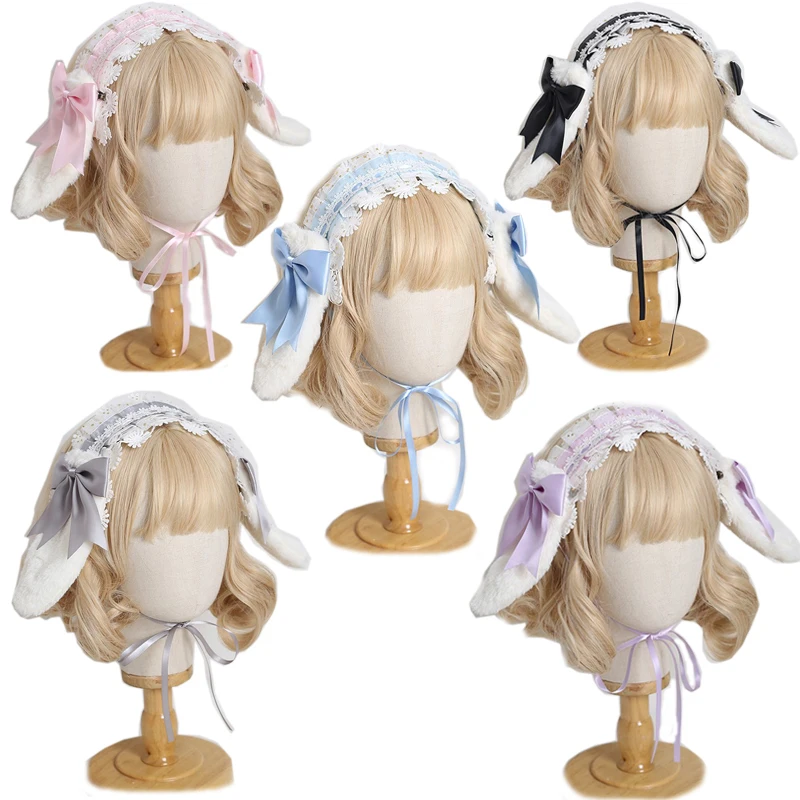 

Handmade Kawaii Bunny Headband Plush Lop Ear Detachable Hair Band Soft Girl Lolita Lace Bowknot Headwear Alice Hair Accessories