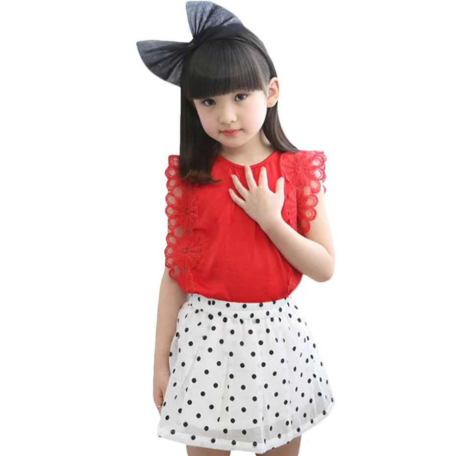 Летняя одежда для девочек шифоновый жилет с оборками + юбка в горошек