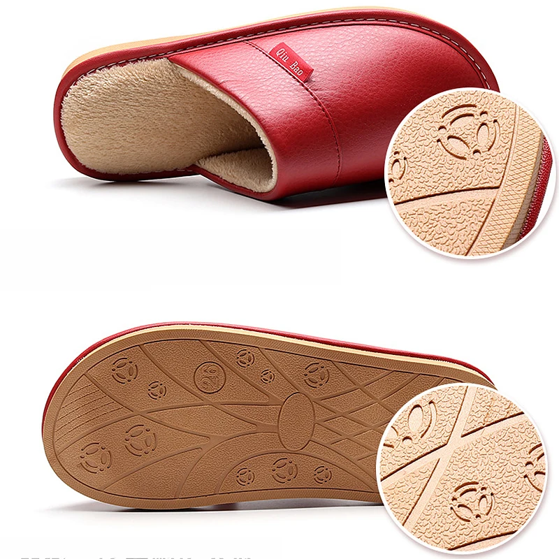 Women's Slippers home shoes 2020 New Winter Ladies Non Slip PU Leather Indoor Slippers for woman Windproof Designer family