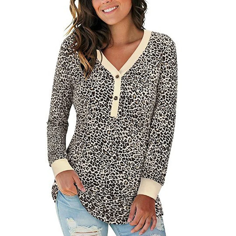 Женская футболка с леопардовым принтом Повседневная длинным рукавом и V образным