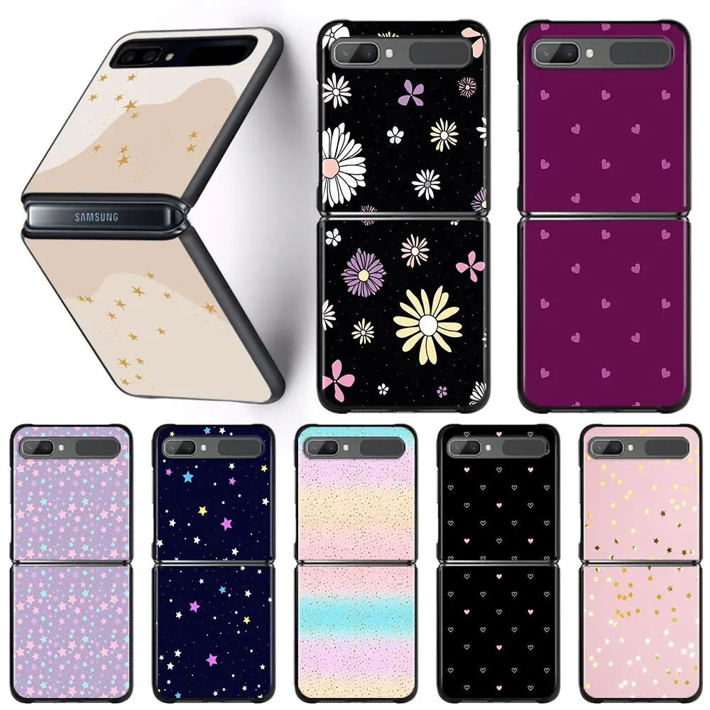 

Hard Phone Case For Samsung Galaxy Z Flip3 5G Z Flip Cover PC Shell Black Caso Smartphone Luxury Stars Flowers