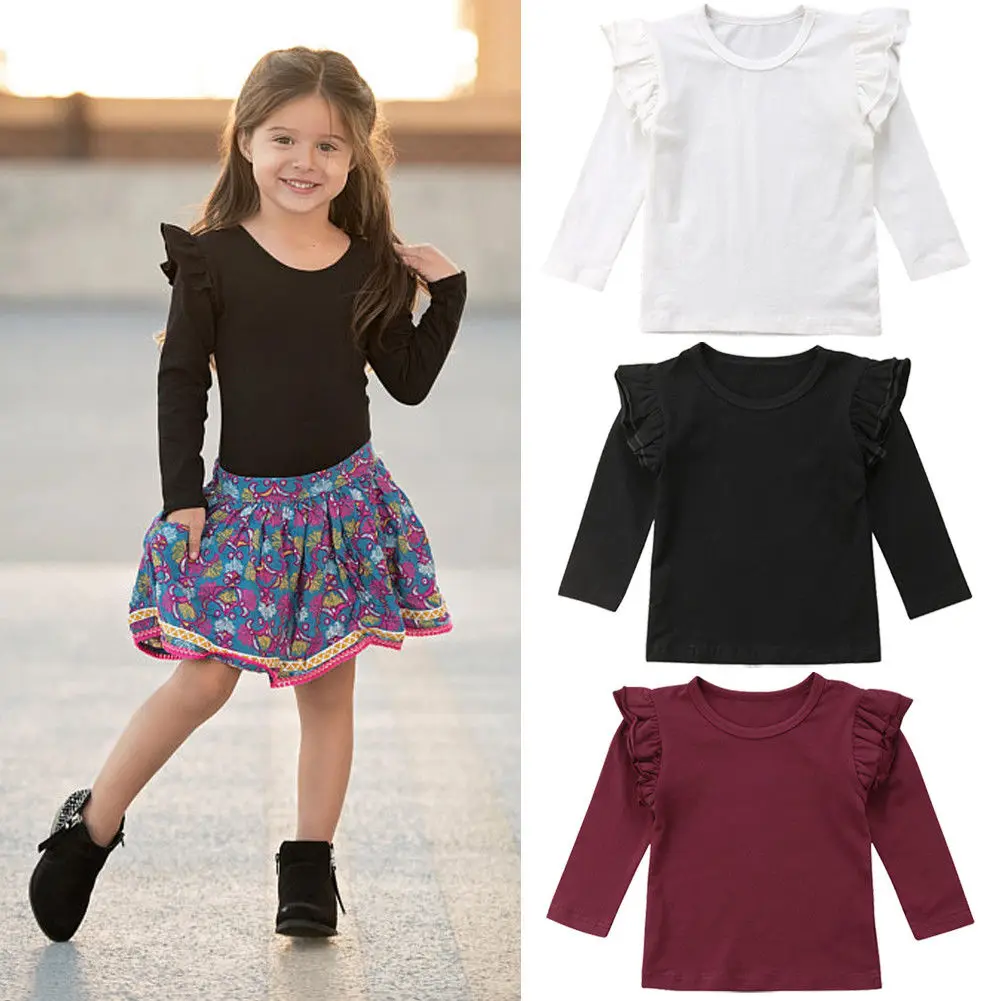 

Toddler Baby Girl Ruffle Tops Kids Solid Color Tops Tee Cotton Clothes Long Sleeve Cute T-shirt 6M-5Y