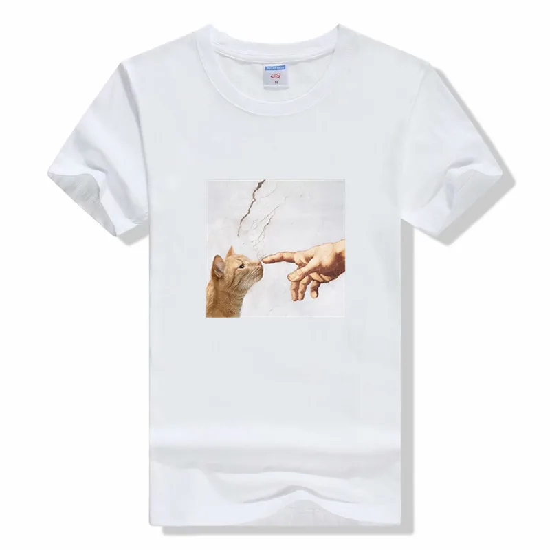 

Funny Cute Cat And Manpower Print Womens T-Shirt Fashion men women Cartoon Cat Graphic Tee Aesthetic Girls Short Sleeve Shirt