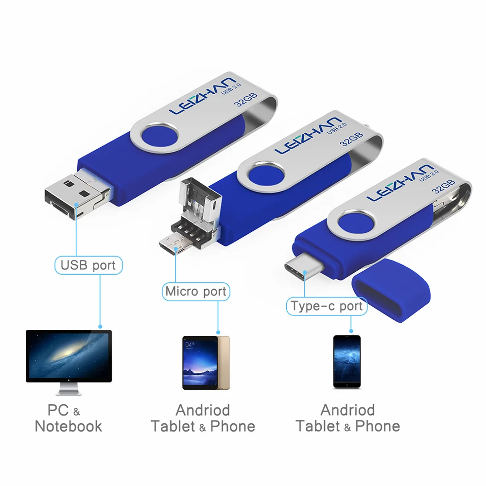 OTG 3 в 1 USB флеш накопитель 128/64/32/16/8/4 ГБ флешка 2 0 + Type C Micro высокоскоростной для