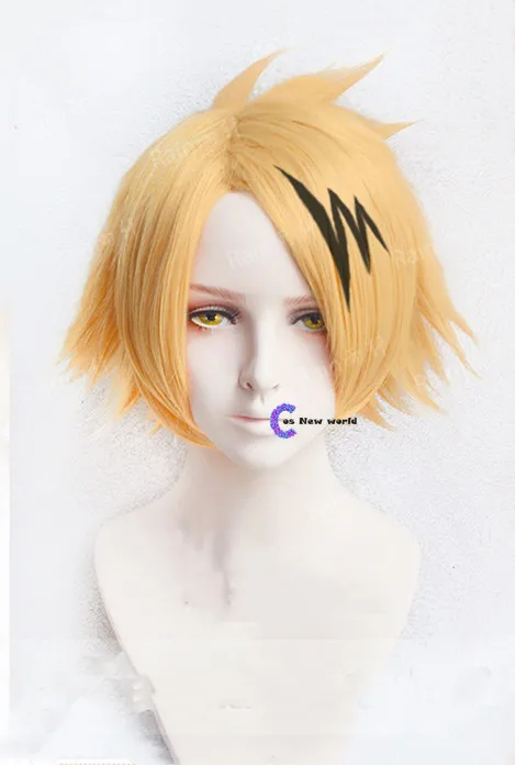 Anime My Hero Hero Academia Denki Kaminari Wigs Short Golden Heat Resistant Synthetic Cosplay Wigs+ Wig Cap+ Black Lightening