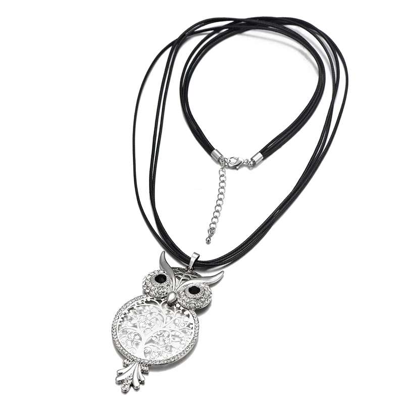 Big Owl Long Necklace Women Crystal Bijoux Tree Of Life Gold Color Leather Chain Necklaces Pendants Fashion Jewelry |
