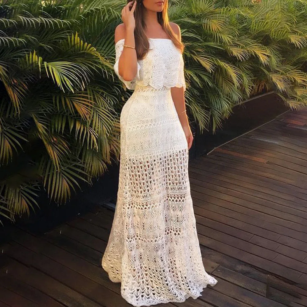 

Women Dress White Off-shoulder high waist slim Hollow-out Stylish Sexy Slash neck Beach Summer Sundress Female vestidos
