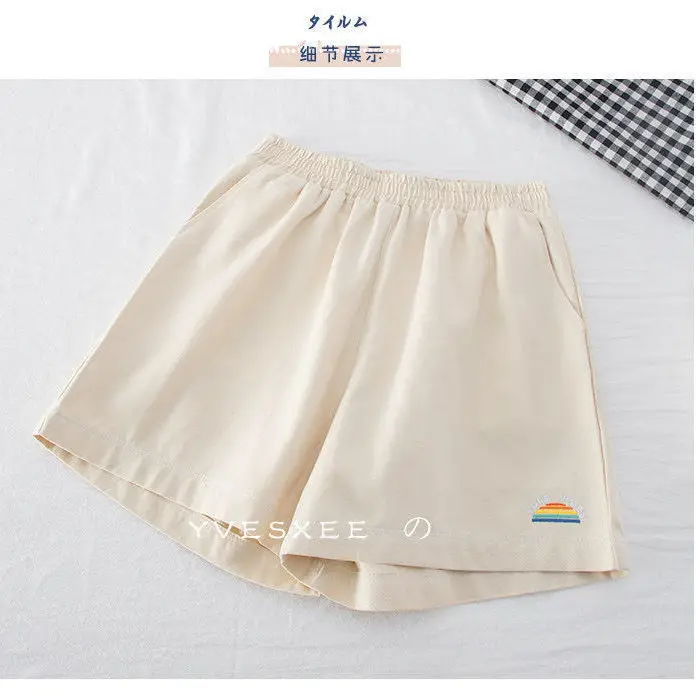 

Women's summer high waist Japanese loose wide leg pants art RETRO embroidery student A-line slim casual shorts