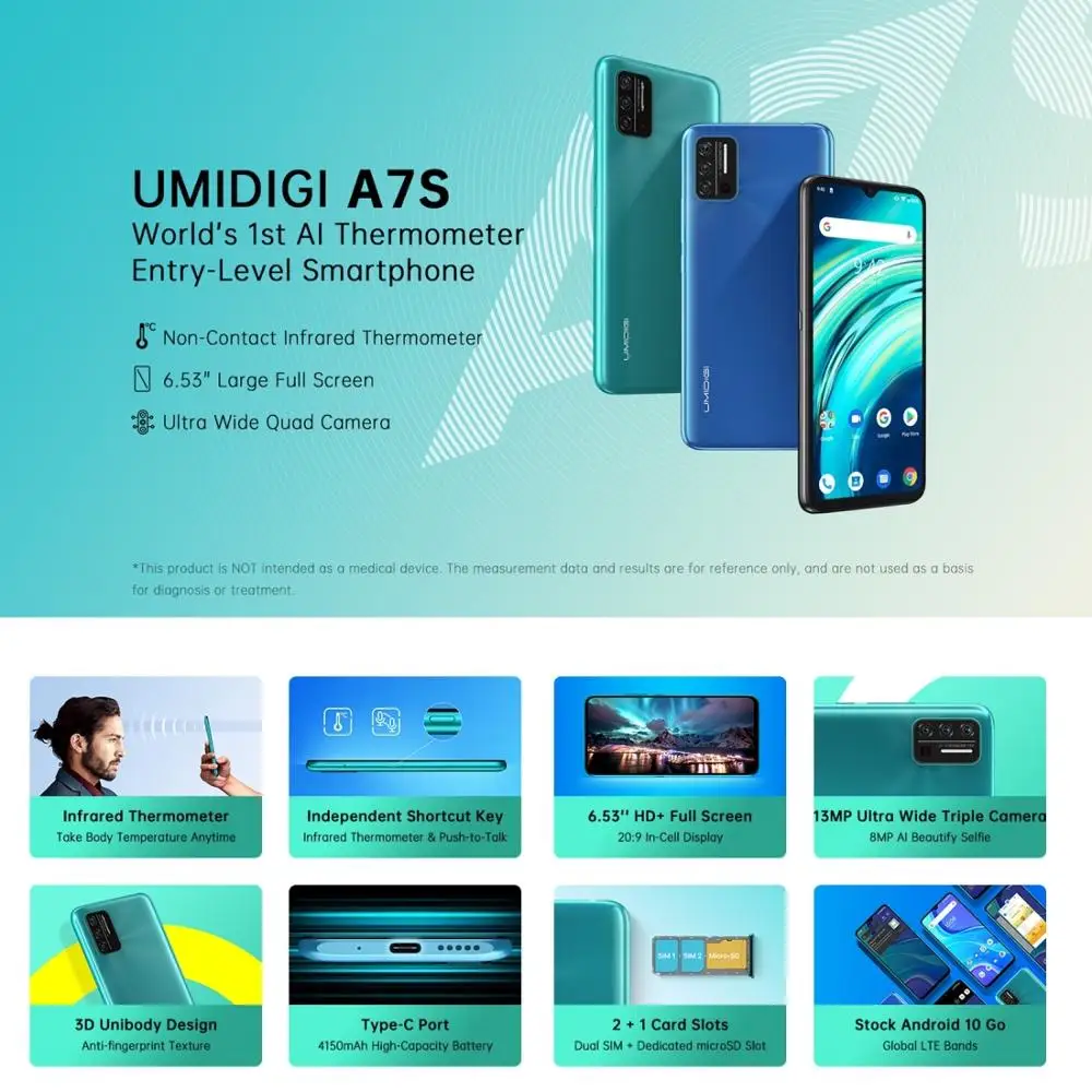 Смартфон UMIDIGI A7S 2 ГБ 32 4150 мАч сканер лица экран 6 53 дюйма на базе Android 10 MTK6737