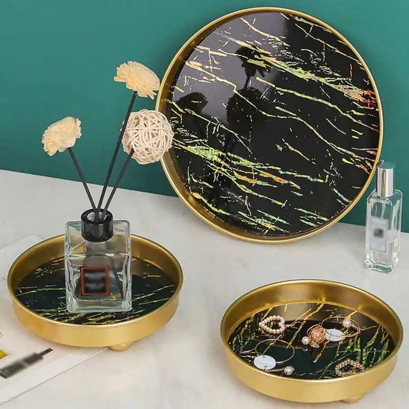 

Light Luxury Iron Tray Art Simple Marble Pattern Metal Dish Cosmetics Jewelry Storage Tray Snack Tray Fruit Plate Home Organizer