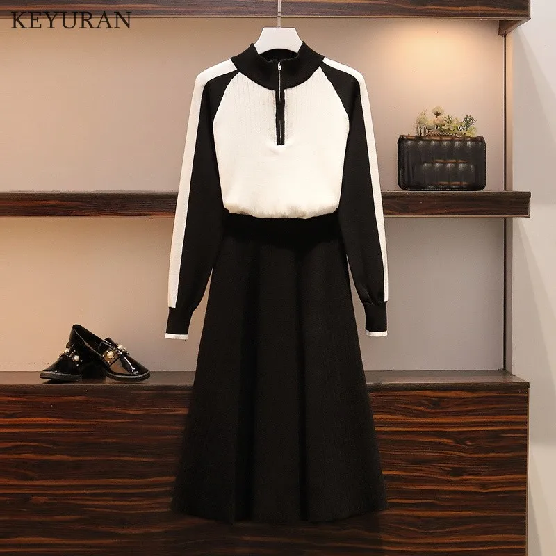 Женский винтажный трикотажный комплект из юбки элегантный пуловер с длинным