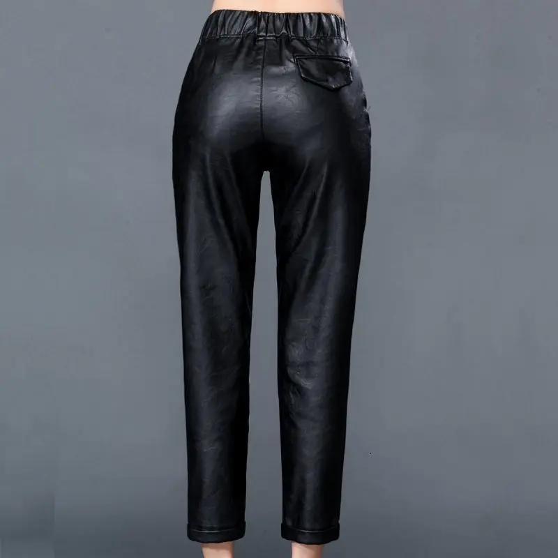 

New Fashion Sheepskin Leather Womens Ankle Length Pants Harem Pants Female Loose Fit Elastic Waist Casual Trousers Black