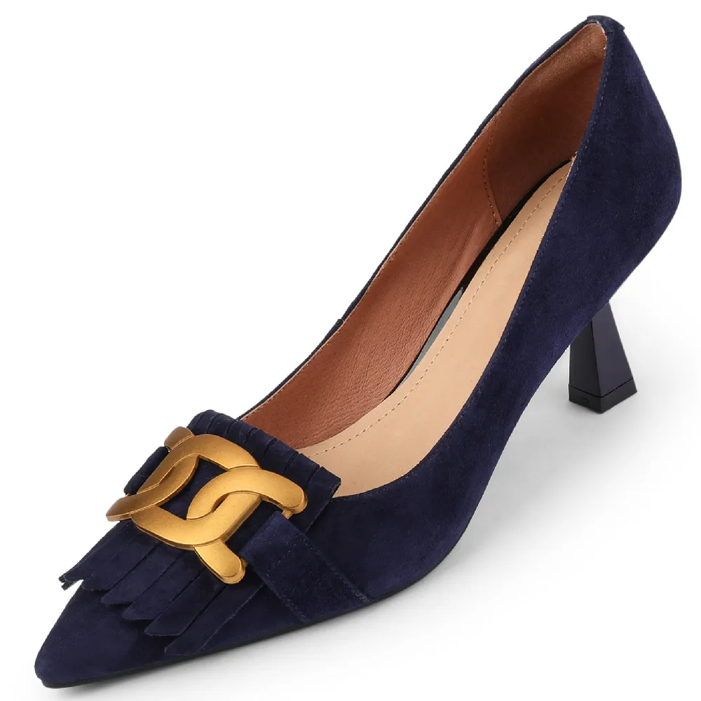 

Women's natural suede leather thin high heel pointed toe slip-on pumps elegant ladies fringe chain daily dress heels shoes women