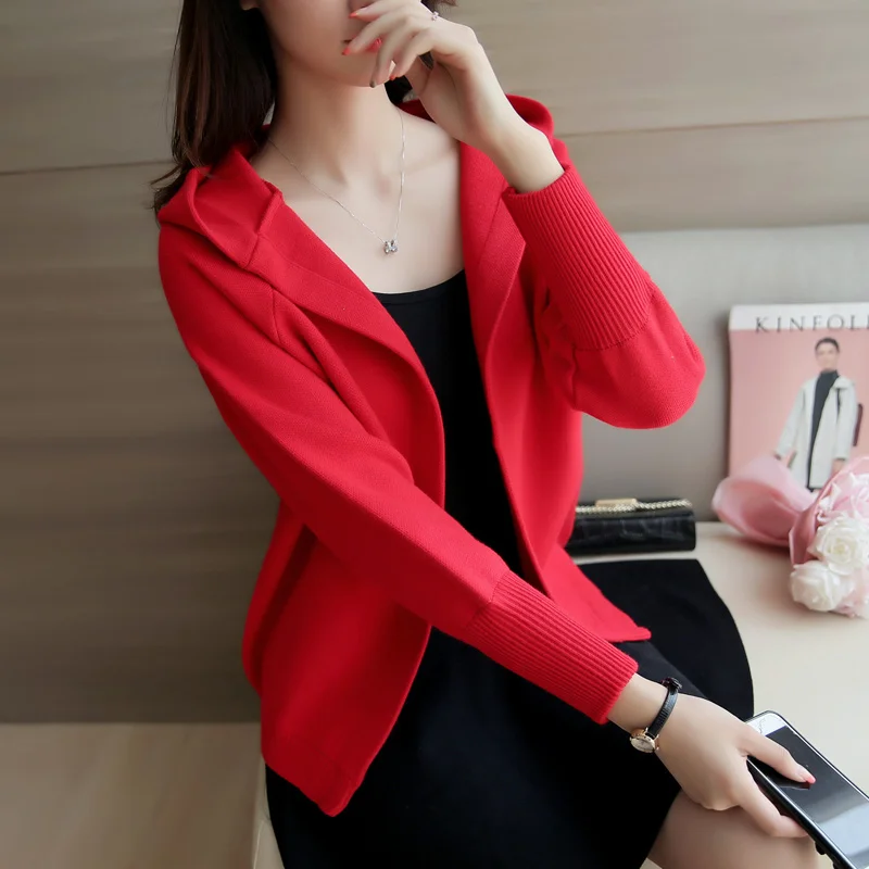 

2021 Зимний новый вязаный женский свитер с капюшоном и кардиган, однотонный Тонкий Повседневный женский кардиган, верхняя одежда, пальто, топ...