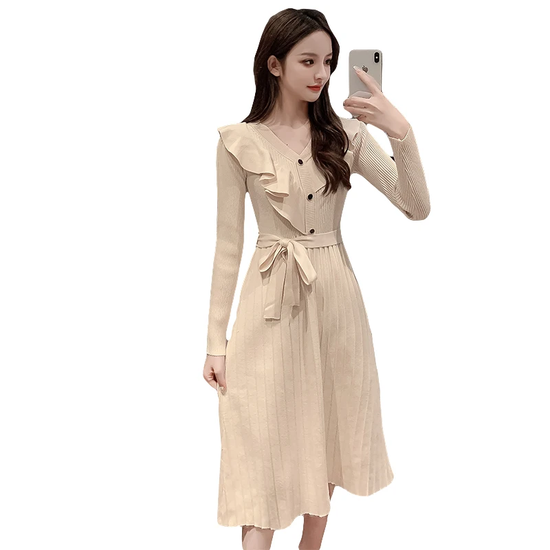 

Real Shot 2020 New Style Slim Fit Versatile Knitting Elegant Fashion Show Thin Medium Length Dress