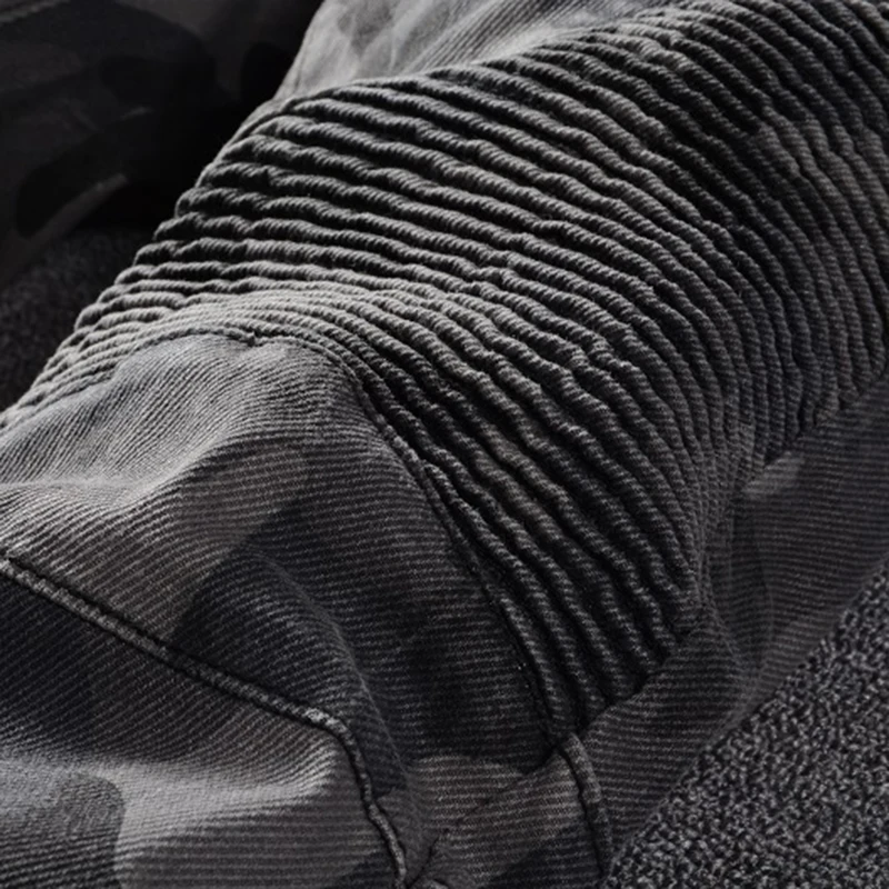 

Luren High Quality Men Camouflage Printed Biker Jeans for Motorcycle Hommes Jeans Military Pleated Stretch Denim Pants
