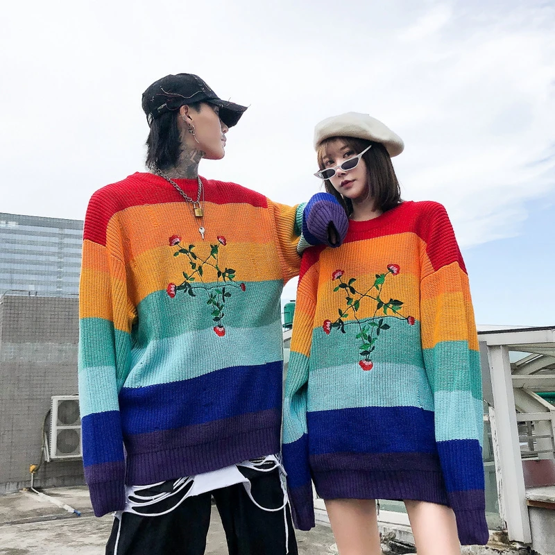 Повседневный полосатый свитер с цветочной вышивкой 2019 Осень Новые мужские |